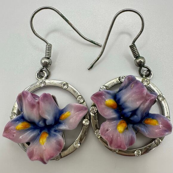 Franz Y2K Art Nouveau Revival purple porcelain iris flowers rhinestones earrings - Picture 2 of 8